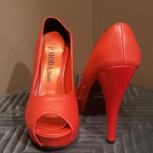 Open toe red heels